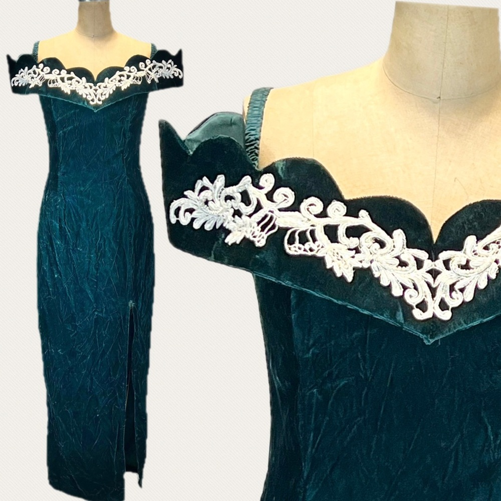 VINTAGE 80s emerald green velvet formal gown prom dress off shoulder lace column